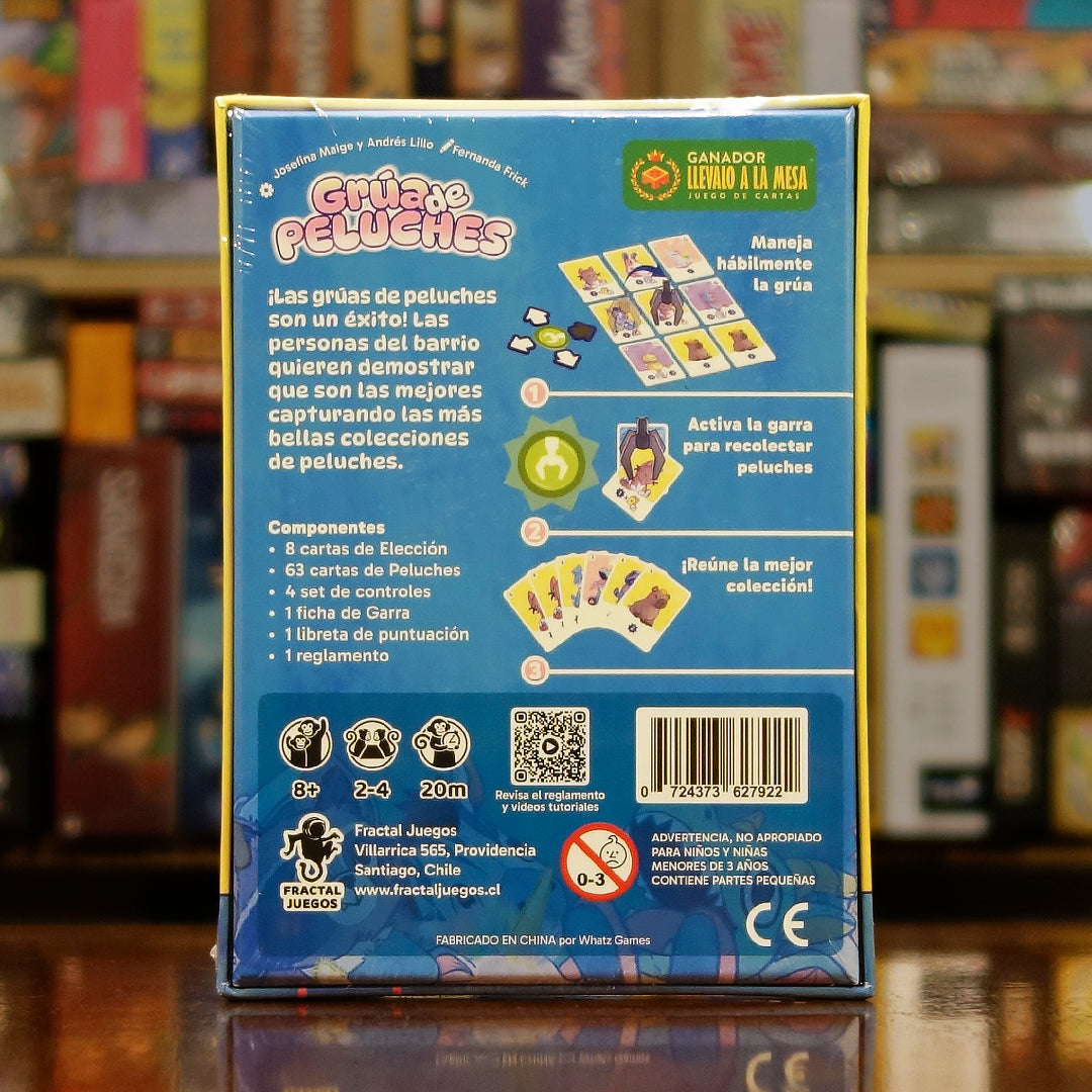 Vista trasera del juego de mesa 'Grúa de Peluches' con detalles y componentes, en Mana House - Animales. Animales, Cartas. Claw Machine