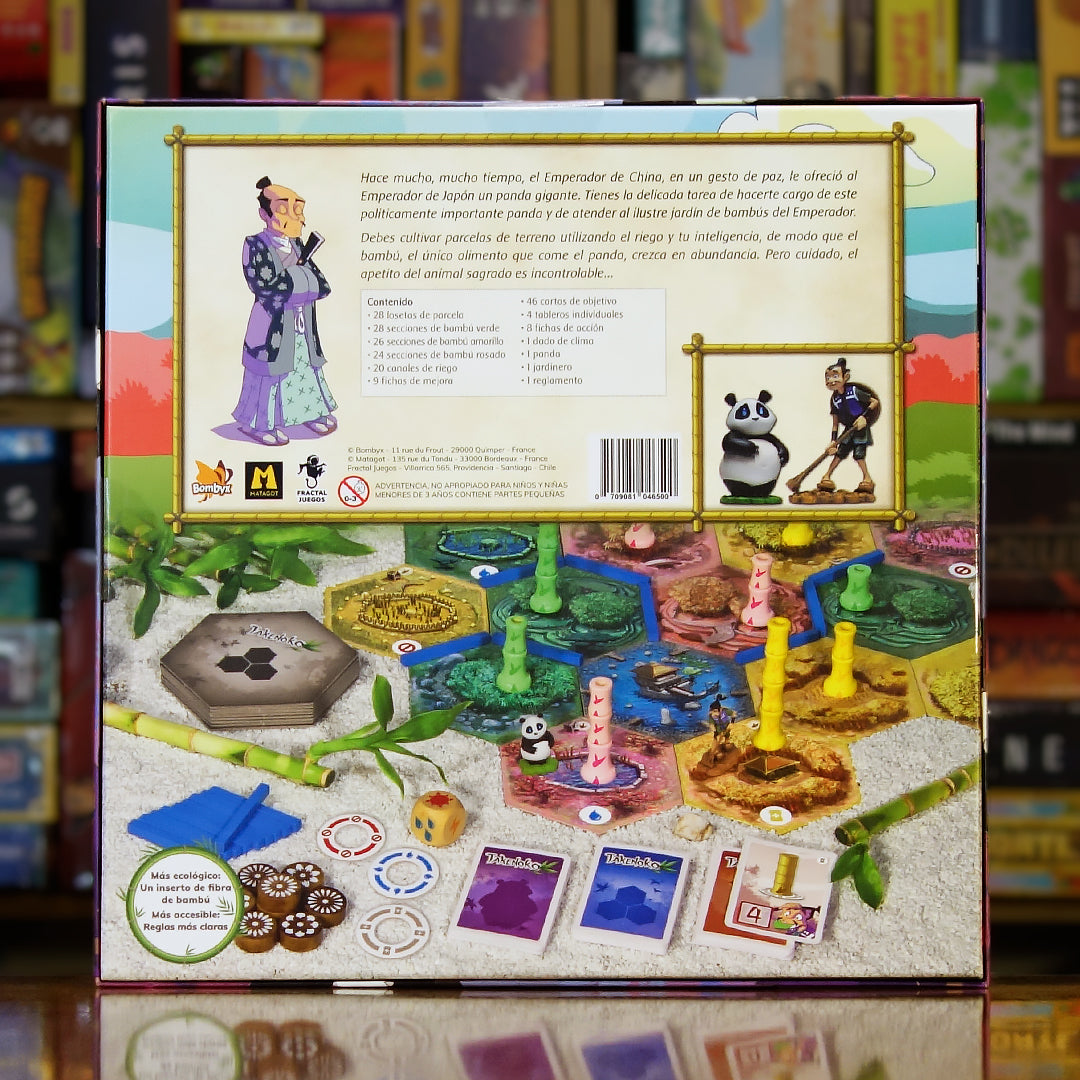 Trasera del juego de mesa ‘Takenoko’ disponible en Mana House - Componentes, Reglas, Terrenos, Irrigación, Alimentación del Panda.