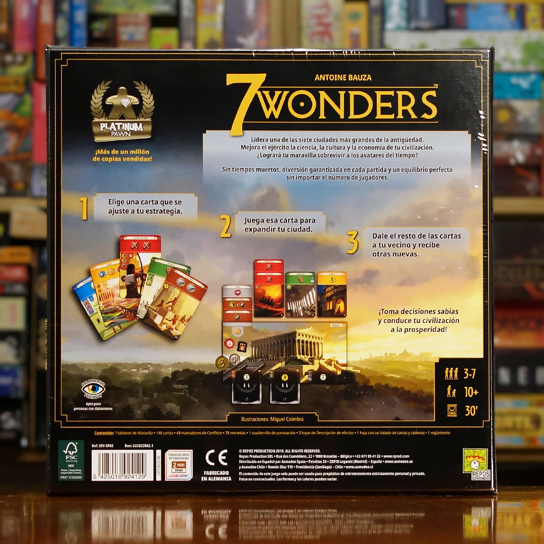 Vista trasera del juego de mesa '7 Wonders (Segunda Edición)' con detalles y componentes, en Mana House - Antigüedad. Antigüedad, Cartas, Civilización, Construcción, Economía.