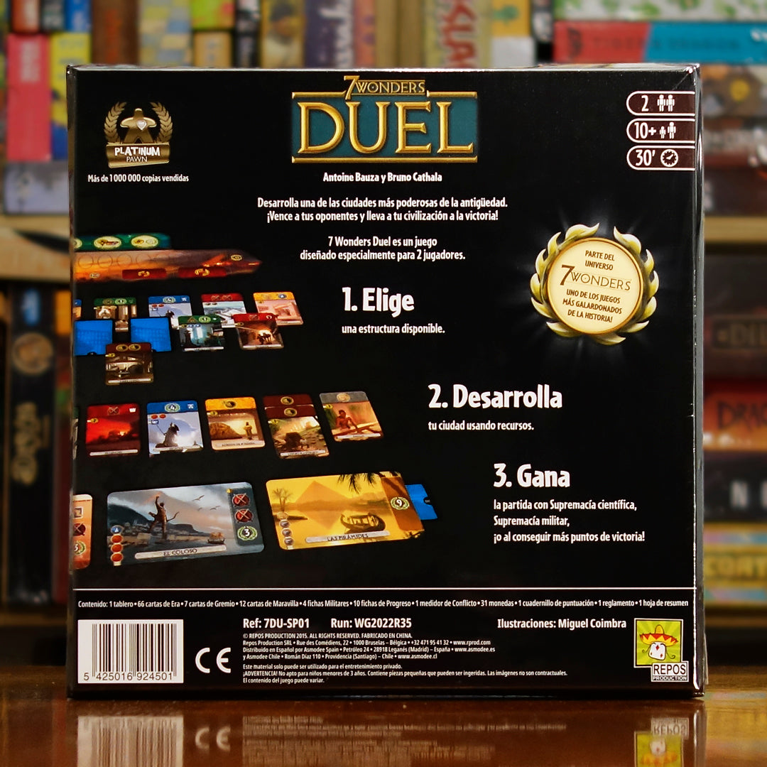 Vista trasera del juego de mesa '7 Wonders Duel' con detalles y componentes, en Mana House - Antigüedad. Antigüedad, Cartas, Civilización, Construcción, Economía.