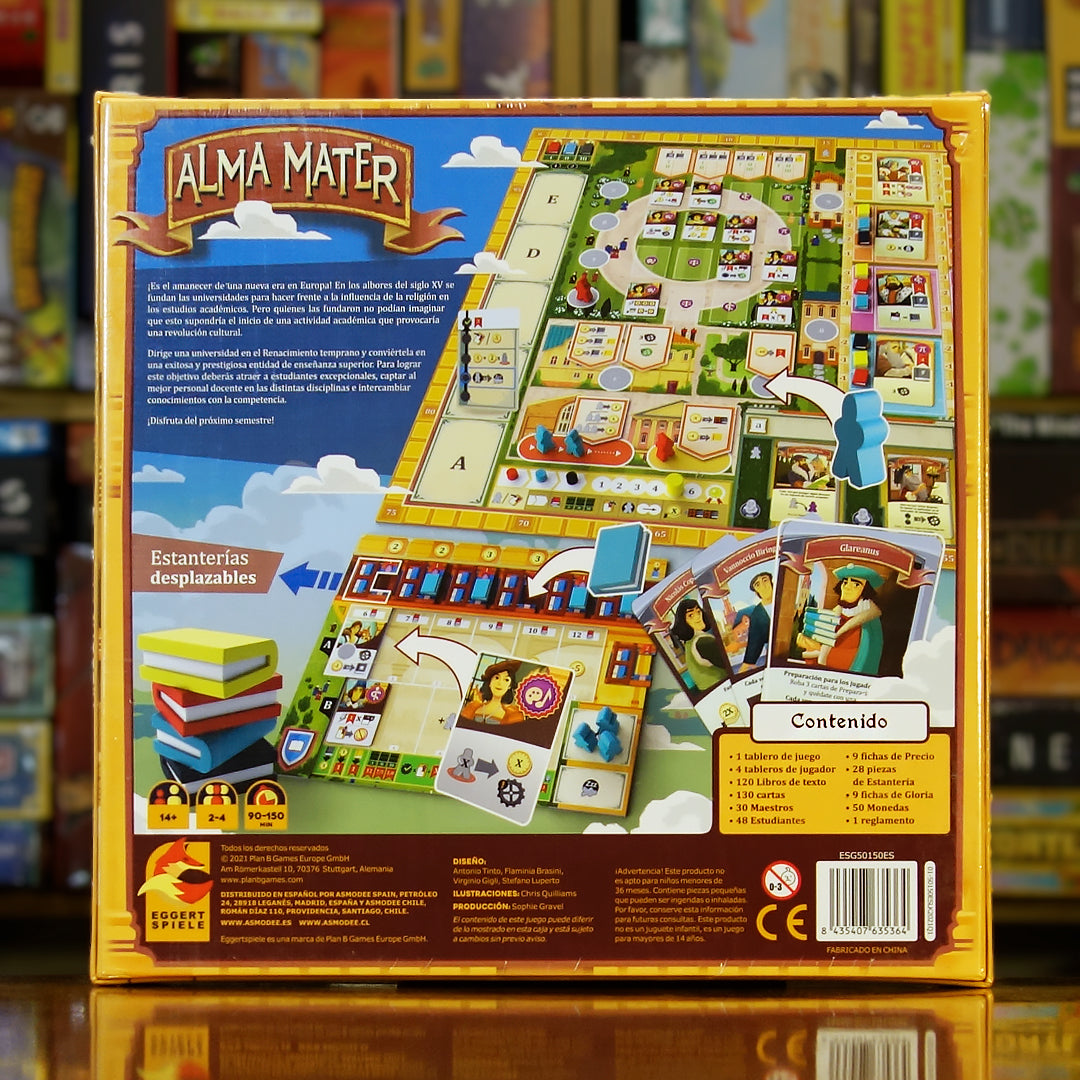 Trasera del juego de mesa 'Alma Mater' disponible en Mana House - Componentes, Reglas, Contratación de Profesores, Admisión de Estudiantes, Competencia Académica.