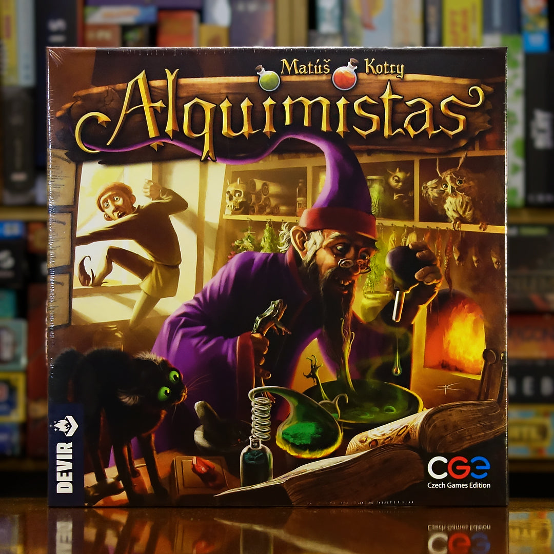 Portada del juego 'Alquimistas' disponible en Mana House – Juego de estrategia y deducción, Pociones mágicas, Ingredientes misteriosos, Arte detallado, Experimentos con app.