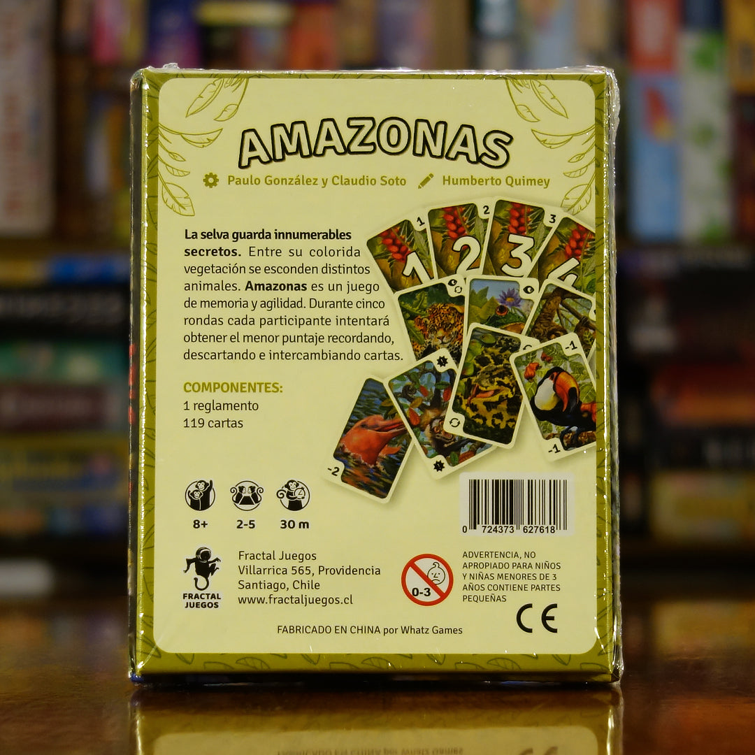 Trasera del juego de mesa 'Amazonas' disponible en Mana House - Familiar, Componentes, Reglas, Rondas, Puntuación Baja.