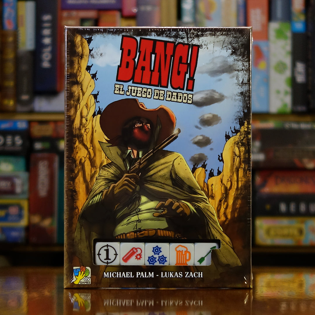 Portada del juego 'BANG! El Juego de Dados' disponible en Mana House – Juego de dados, Ambientación del Salvaje Oeste, Roles ocultos, Duelo entre Ley y Forajidos, Azar y estrategia.