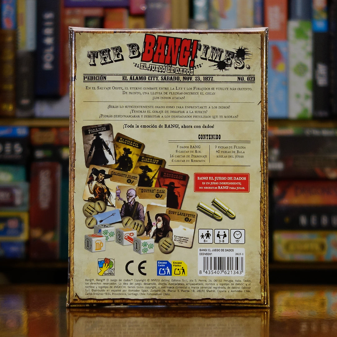 Trasera del juego 'BANG! El Juego de Dados' disponible en Mana House – Roles secretos, Ataques con flechas e indios, Mecánica de tirar y volver a tirar dados, Confrontación y engaño, Partidas rápidas y dinámicas.