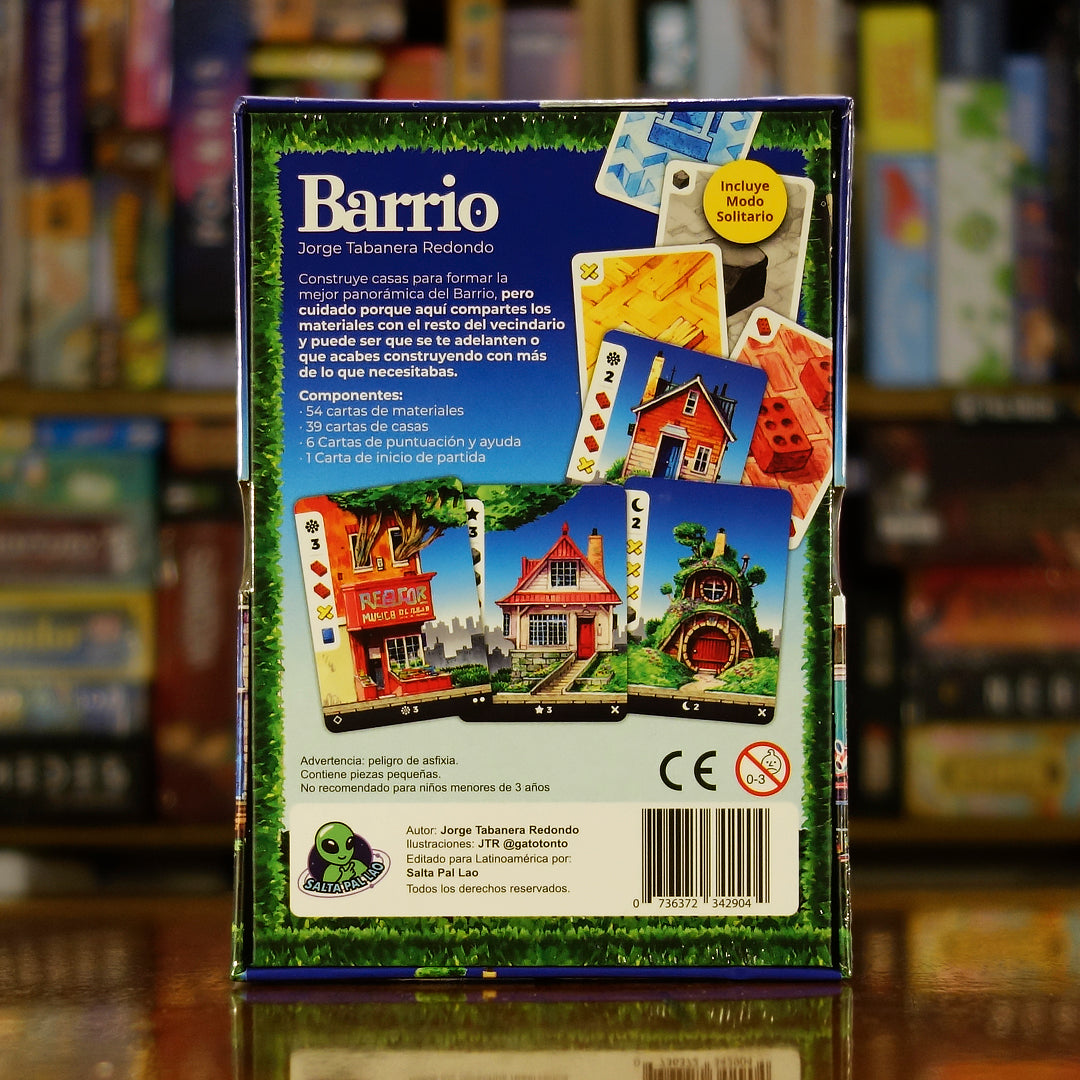 Trasera del juego de mesa 'Barrio' disponible en Mana House - Componentes, Reglas, Mercado Común, Planificación, Casas.