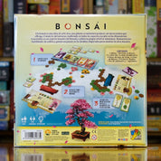 Trasera del juego de mesa 'Bonsái' disponible en Mana House - Componentes, Reglas, Árbol Bonsái, Jardines Imperiales, Cultivo Zen.