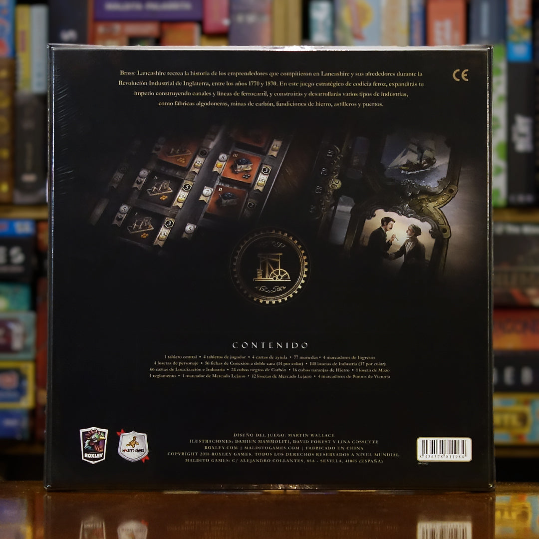 Trasera del juego 'Brass: Lancashire' disponible en Mana House – Ambientado en Inglaterra 1770-1870, Competencia empresarial, Desarrollo industrial, Comercio y expansión, Para jugadores expertos.