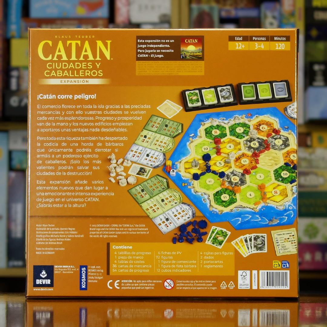 Trasera del juego Catán: Ciudades y Caballeros disponible en Mana House – Nuevos elementos estratégicos, Defensa contra bárbaros, Desarrollo de ciudades, Requiere juego base, Compatible con Navegantes y ediciones anteriores. CATAN: Cities & Knights