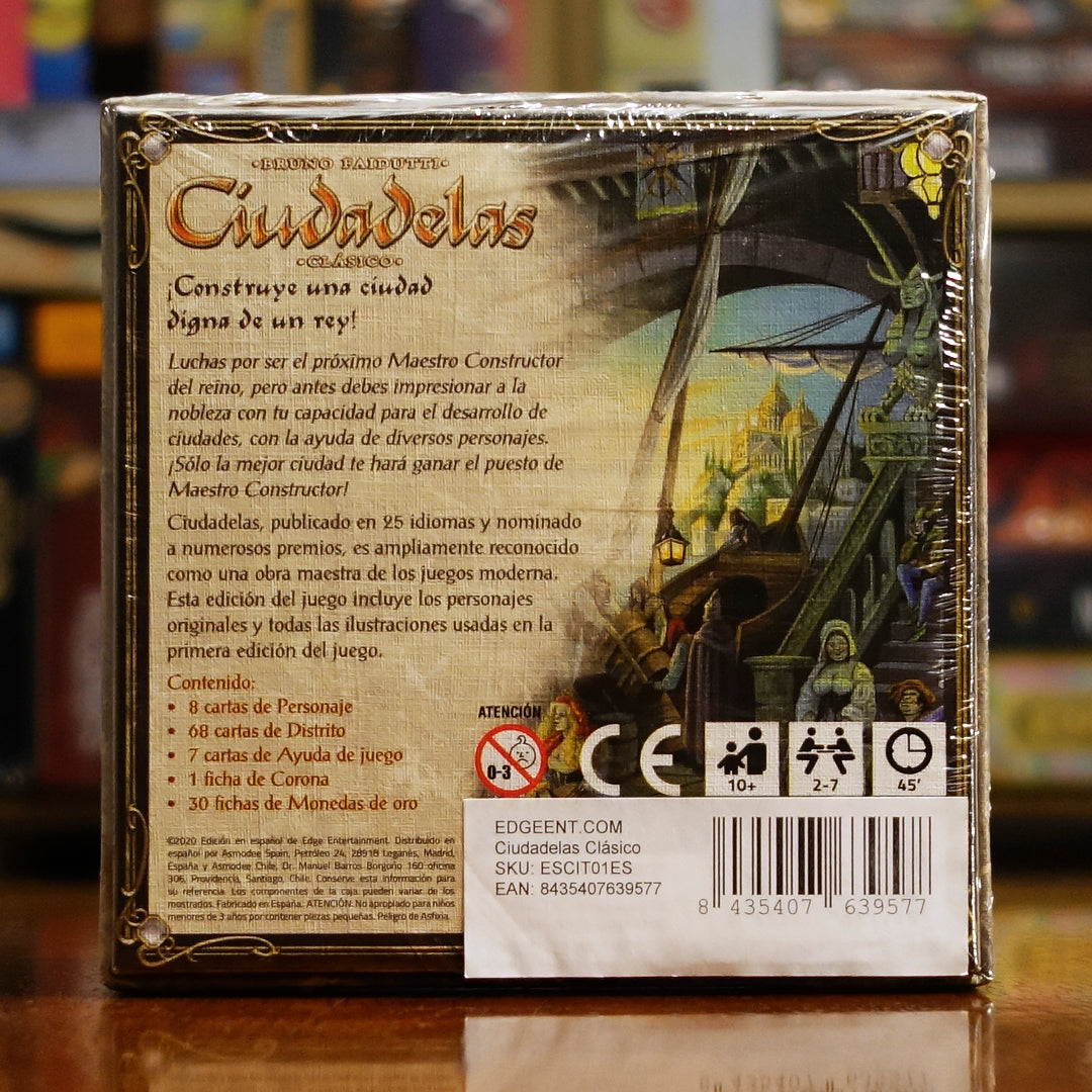 Vista trasera del juego de mesa 'Ciudadelas Clásico' con detalles y componentes, en Mana House - Medieval. Bluffing, Cartas, Construcción, Deducción, Fantasía, Medieval. Citadels