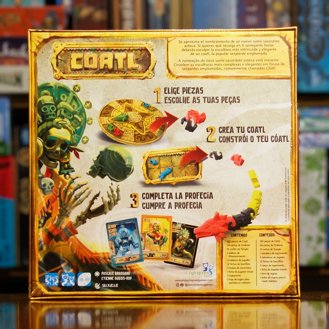 Vista trasera del juego de mesa 'Coatl' con detalles y componentes, en Mana House - Estrategia Abstracta. Estrategia Abstracta.