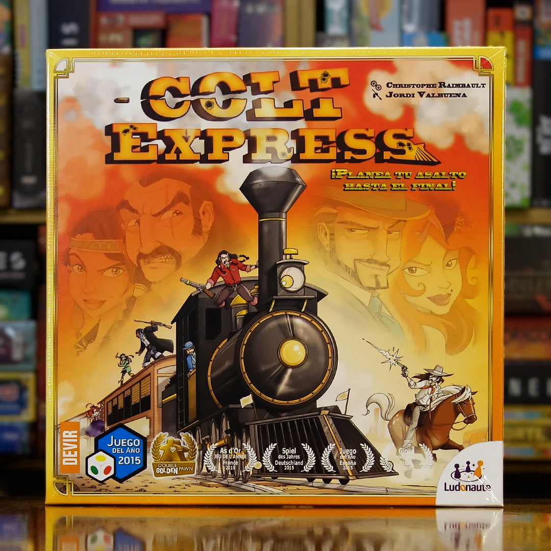 Portada del juego Colt Express disponible en Mana House – Juego de estrategia, Western, Forajidos y trenes, Programación de acciones, Estilo cómic 3D.