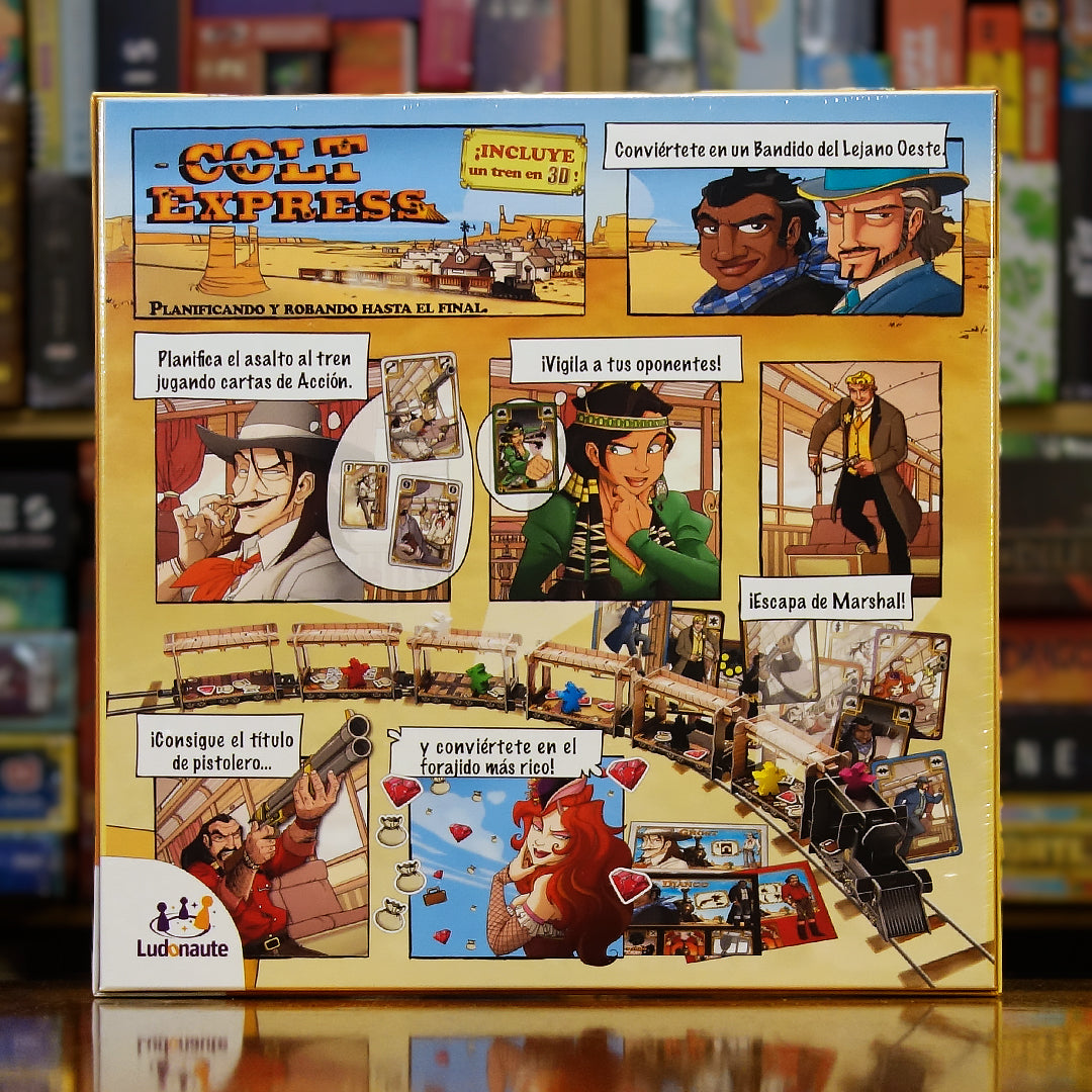 Trasera del juego Colt Express disponible en Mana House – Asalto al tren, Marshall y bandidos, Mecánica de planificación simultánea, Robos de botín, Acción en vagones y techo del tren.