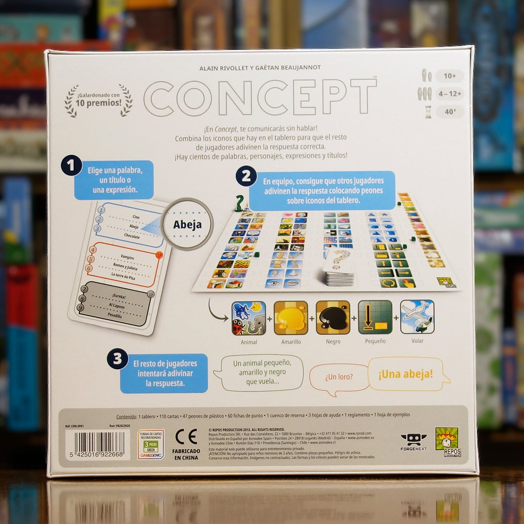 Vista trasera del juego de mesa 'Concept' con detalles y componentes, en Mana House - Juego de Palabras. Deducción, Juego de Palabras.
