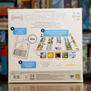 Vista trasera del juego de mesa 'Concept' con detalles y componentes, en Mana House - Juego de Palabras. Deducción, Juego de Palabras.