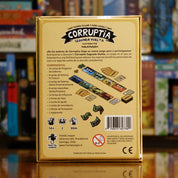 Vista trasera del juego de mesa 'Corruptia: Segunda Vuelta' con detalles y componentes, en Mana House - Negociación. Cartas, Humor, Negociación, Política.