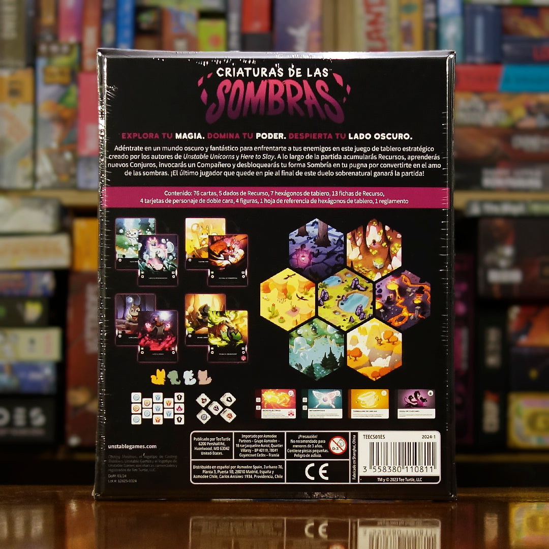 Vista trasera del juego de mesa 'Criaturas de las Sombras' con detalles y componentes, en Mana House - Fantasía. Animales, Estrategia Abstracta, Fantasía.