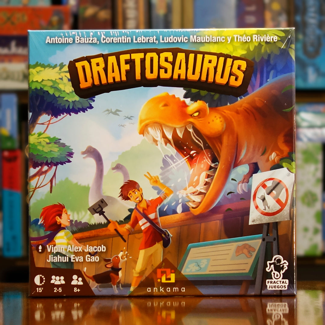Portada del juego de mesa 'Draftosaurus' disponible en Mana House - Prehistoria. Animales, Ciencia Ficción, Dinosaurios, Prehistoria.