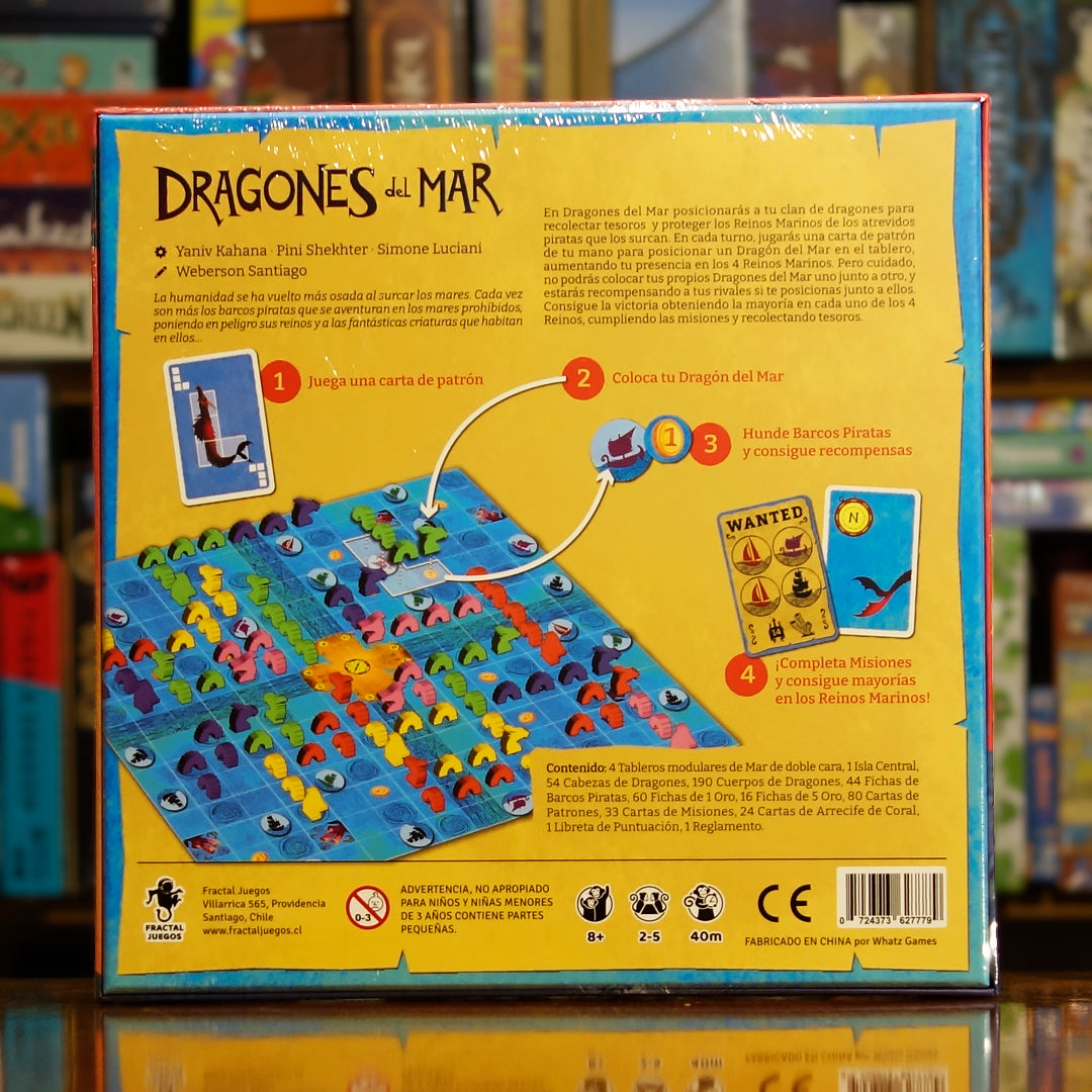 Vista trasera del juego de mesa 'Dragones del Mar' con detalles y componentes, en Mana House - Náutico. Estrategia Abstracta, Fantasía, Náutico.