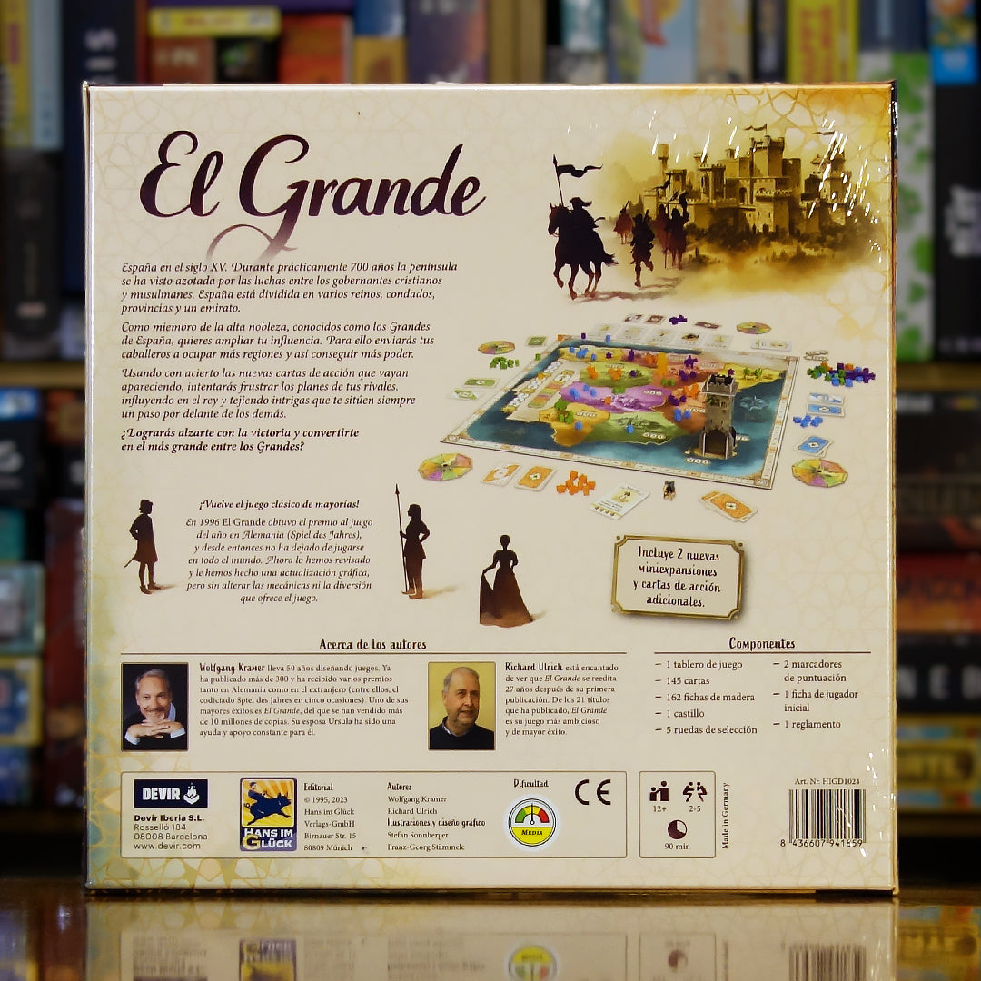 Trasera del juego 'El Grande' disponible en Mana House – Juego de mayorías, Dominio de regiones en la España medieval, Lucha de poder entre nobles, Influencia política y militar, Clásico de estrategia profunda.
