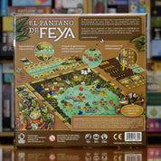 Trasera del juego El Pantano de Feya disponible en Mana House – Competencia por prosperidad, Pesca y asentamientos, Templos abandonados y deidades, Juego de 4 rondas, Estrategia con puntos de victoria. 
Feya's Swamp