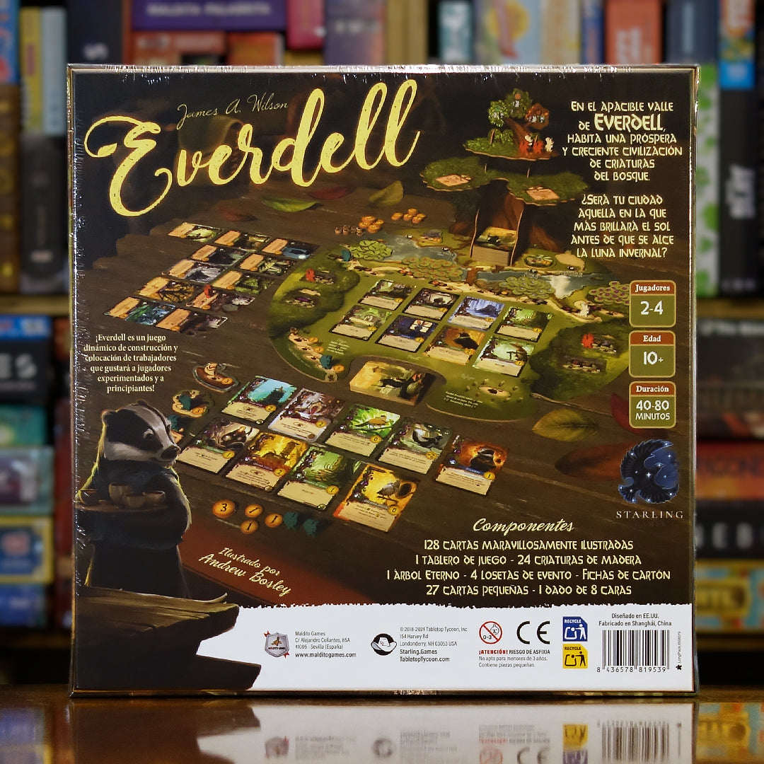 Trasera del juego 'Everdell: Edición Esencial' disponible en Mana House – Sin modo solitario, Desarrollo de ciudad, Construcción de edificios y eventos, Estrategias variadas con cartas, Mundo mágico de Everdell.