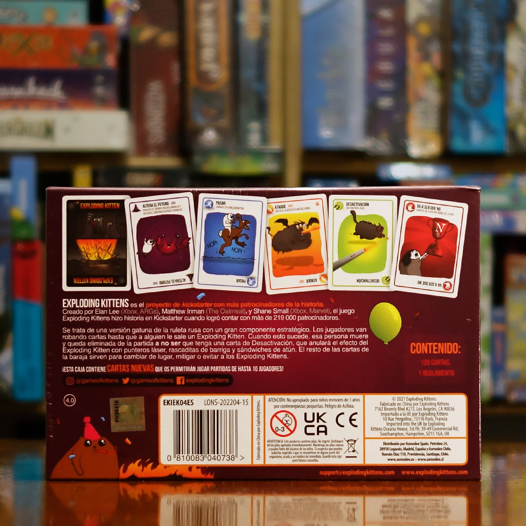 Vista trasera del juego de mesa 'Exploding Kittens: Party Pack' con detalles y componentes, en Mana House - Humor. Animales, Cartas, Humor.