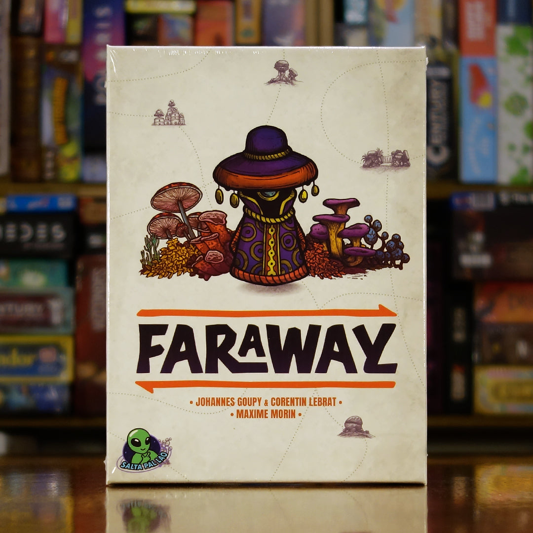 Portada del juego de mesa 'Faraway' disponible en Mana House - Familiar, Exploración, Estrategia, Cartas, Aventura.