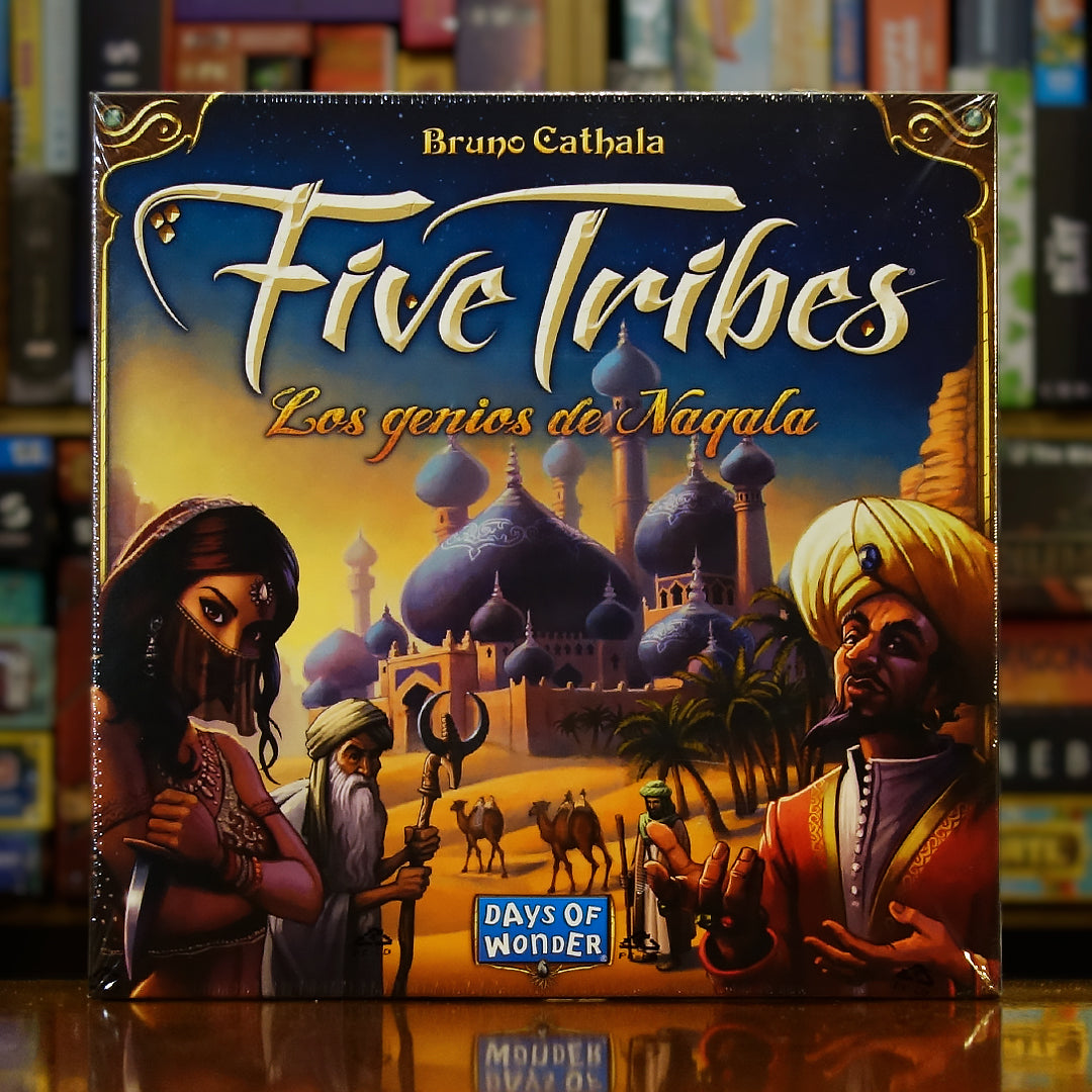Portada del juego 'Five Tribes: Los Genios de Naqala' disponible en Mana House – Estrategia táctica, Inspirado en Las mil y una noches, Control de áreas, Gestión de recursos, Invocación de genios. Five Tribes: The Djinns of Naqala
