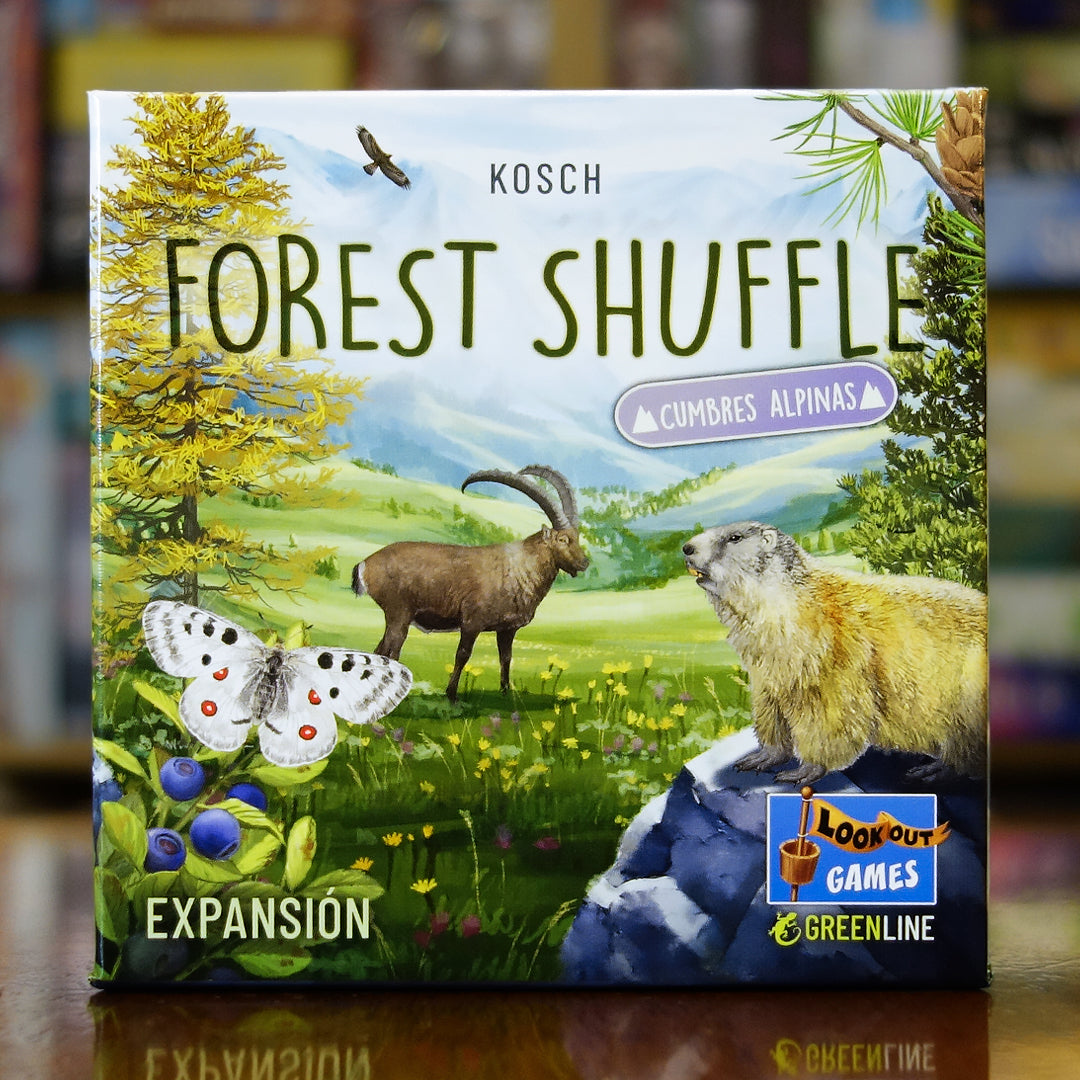 Portada de Forest Shuffle: Cumbres Alpinas disponible en Mana House – Expansión del juego base, Fauna alpina, Flora de montaña, Nuevas cartas multifuncionales, Estética Greenline eco-amigable. Forest Shuffle: Alpine