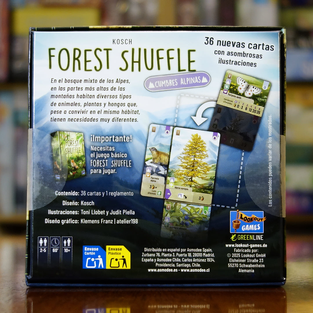 Trasera de Forest Shuffle: Cumbres Alpinas disponible en Mana House – Animales y plantas de los Alpes, 36 cartas nuevas, Dos nuevas especies de árboles, Mayor variedad y sinergias, Expansión compatible que cabe en la caja base. Forest Shuffle: Alpine