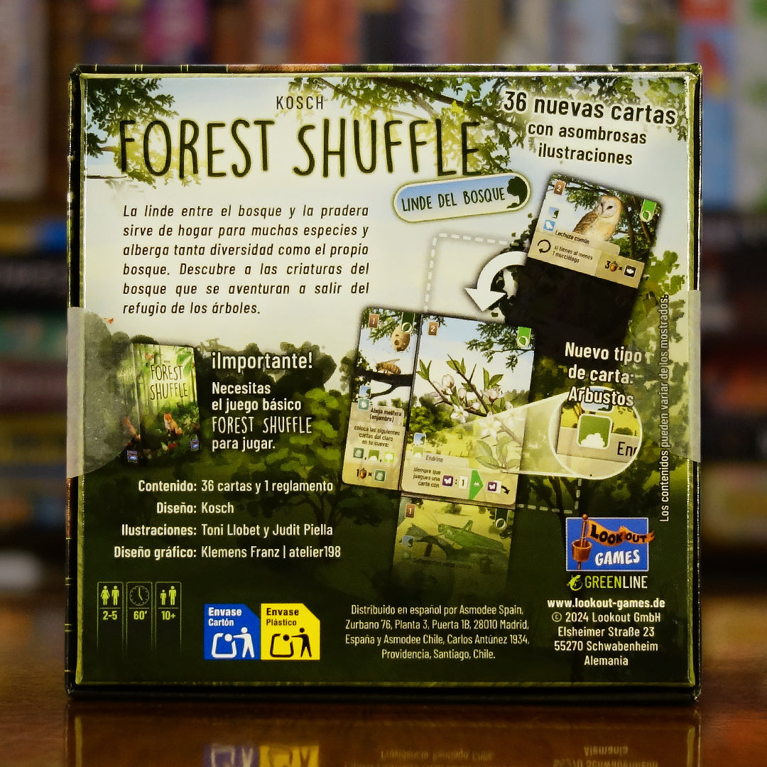 Trasera de la expansión 'Forest Shuffle: Linde del Bosque' disponible en Mana House - Nuevas Cartas, Arbustos, Setos, Diversidad, Hábitats.