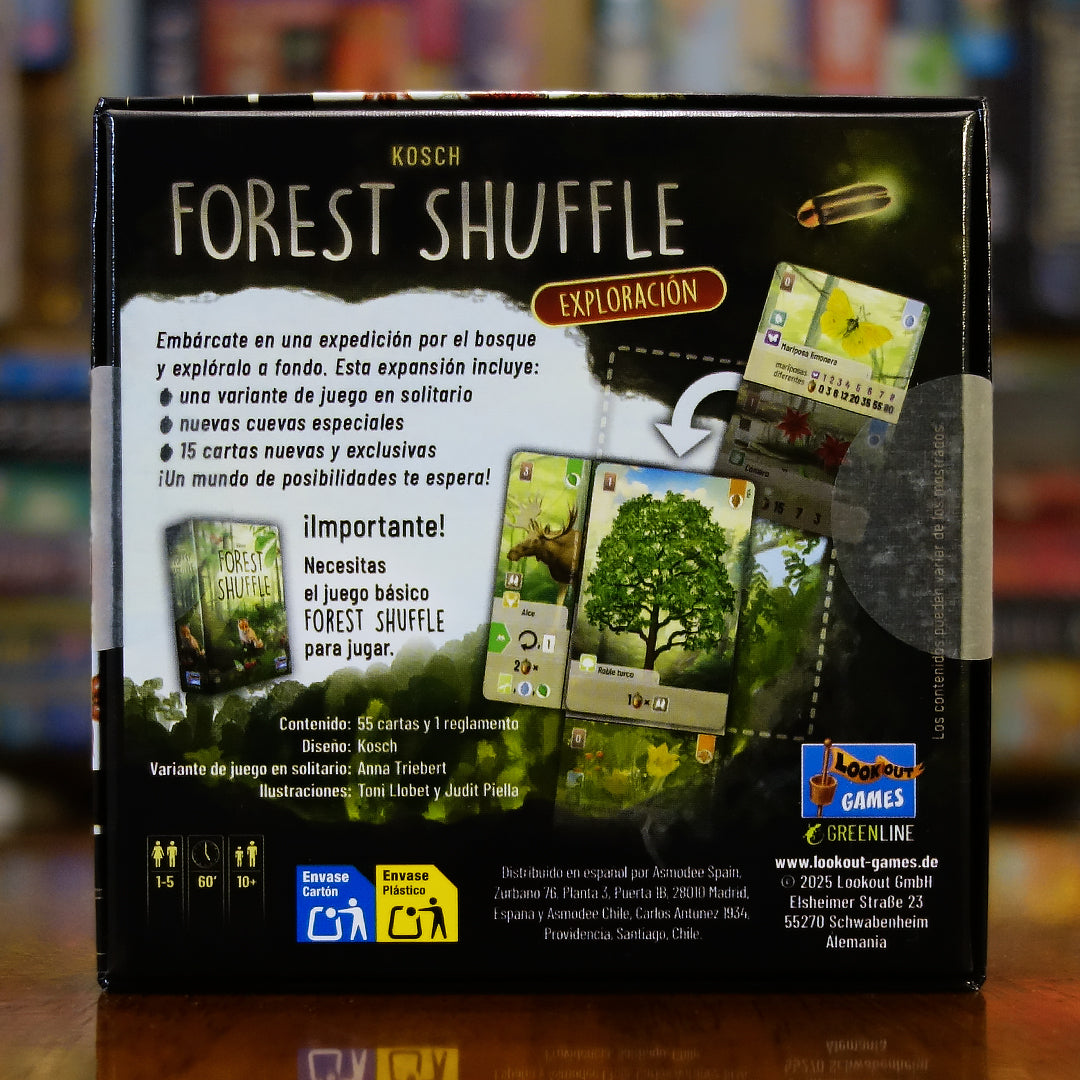 Trasera de la expansión 'Forest Shuffle: Exploración' disponible en Mana House – Expansión del juego base Forest Shuffle, 12 desafíos en solitario, 15 cartas exclusivas, Nuevas mecánicas de exploración, Compatible con el juego base. Forest Shuffle: Exploration