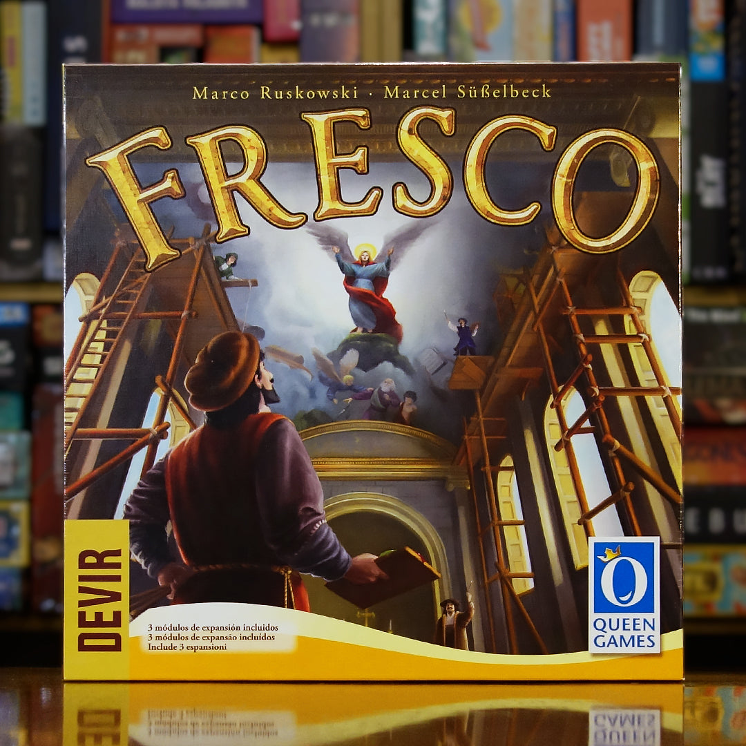 Portada del juego 'Fresco' disponible en Mana House – Juego familiar, Ambientado en el Renacimiento, Pintores de frescos, Restauración de catedrales, Arte y estrategia.