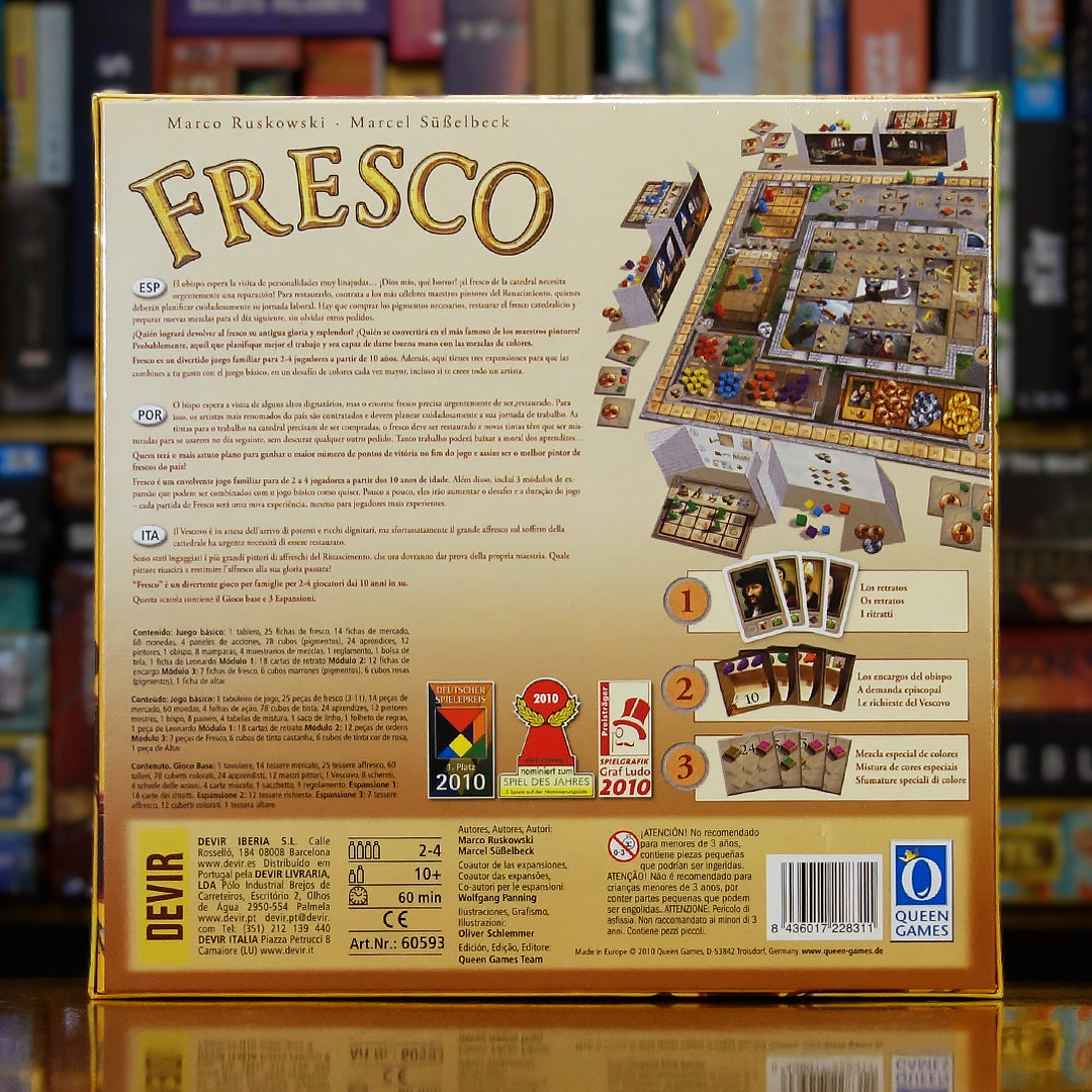 Trasera del juego 'Fresco' disponible en Mana House – Módulos de expansión incluidos, Rejugabilidad elevada, Gestión de acciones, Juego histórico y temático, Para 2 a 4 jugadores.