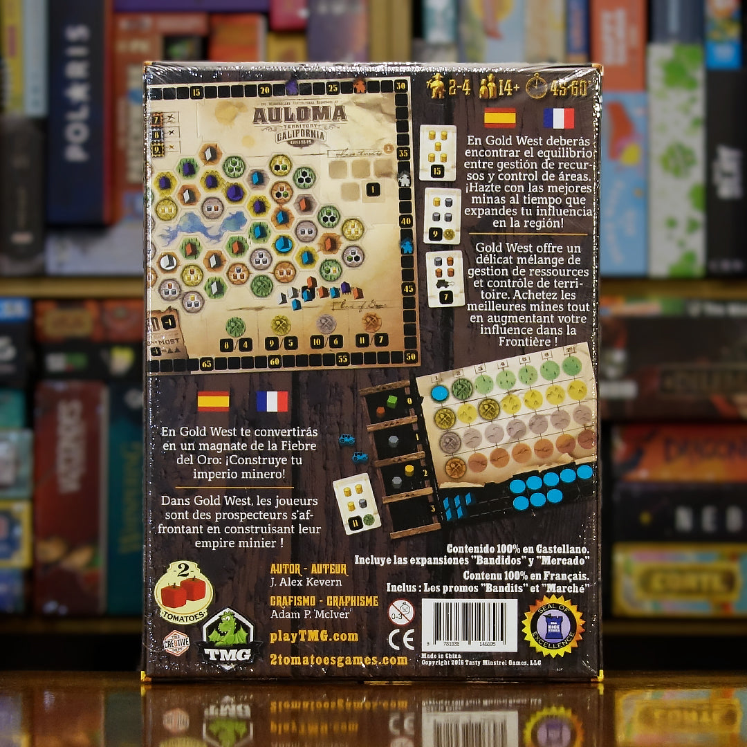 Trasera del juego 'Gold West – Edición Limitada' disponible en Mana House – Construcción de imperio minero, Optimización de suministros, Competencia por metales preciosos, Edición especial con contenido adicional, Planificación táctica. Limited Edition