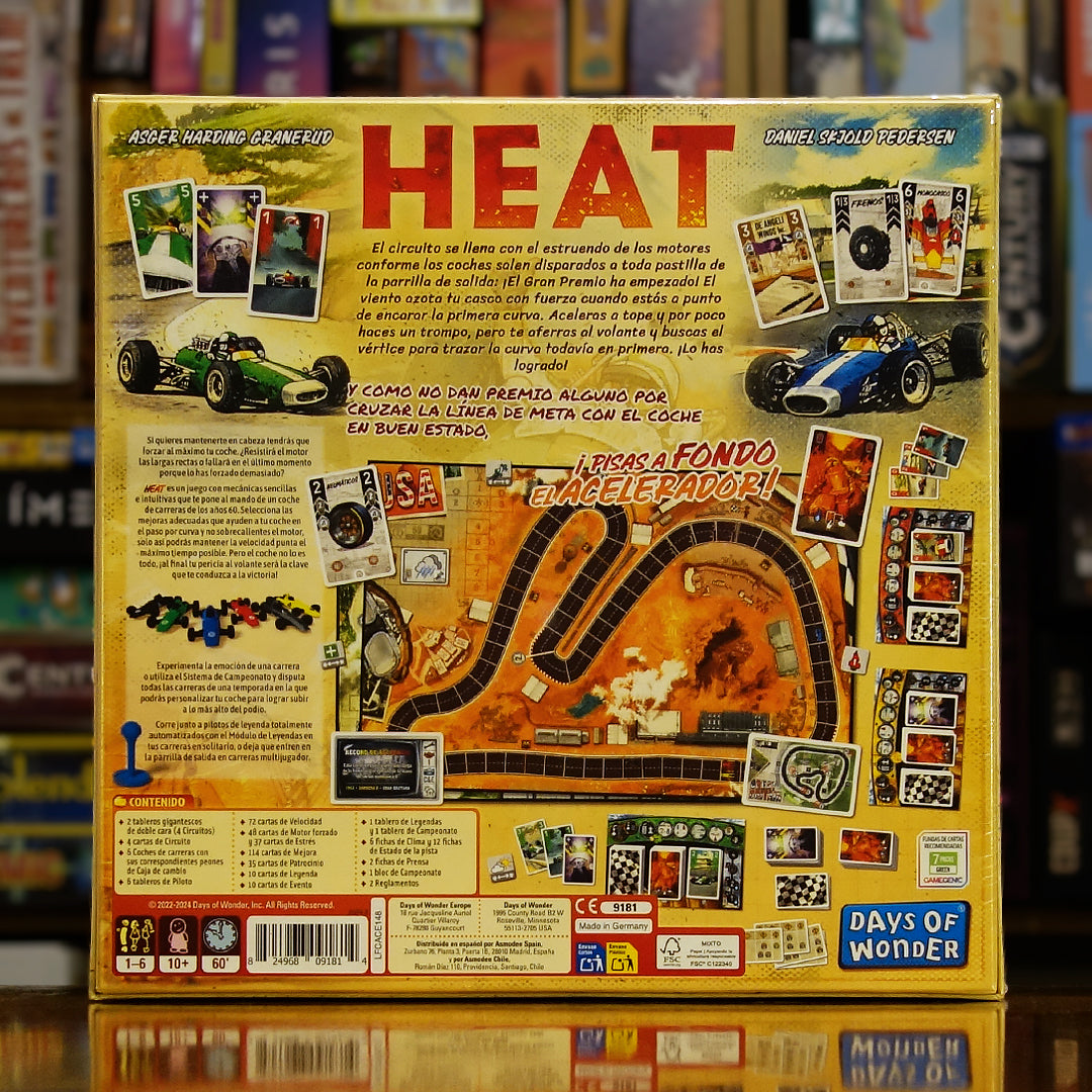 Trasera del juego de mesa 'Heat: Pedal to the Metal' disponible en Mana House - Componentes, Reglas, Personalización de Vehículos, Clima, Modo Solitario.