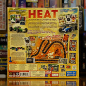 Trasera del juego de mesa 'Heat: Pedal to the Metal' disponible en Mana House - Componentes, Reglas, Personalización de Vehículos, Clima, Modo Solitario.