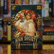 Portada del juego 'High Society' disponible en Mana House – Subastas elegantes, Objetos de lujo, Juego de cartas de Reiner Knizia, Competencia por estatus social, Arte refinado.