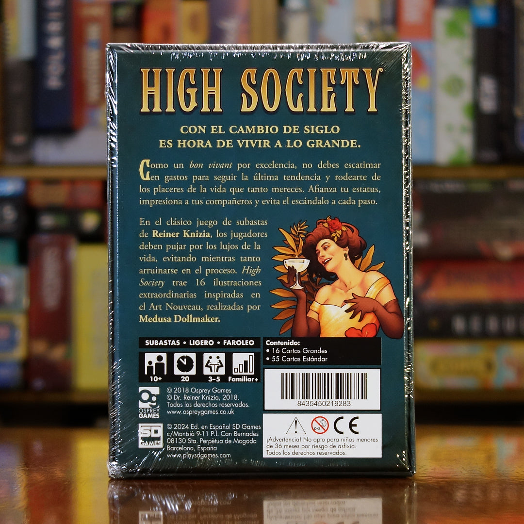 Trasera del juego 'High Society' disponible en Mana House – Juego de subastas con giros estratégicos, Pujas por cartas de lujo, Bonificadores y penalizaciones, Sorpresas en cada ronda, Diseño clásico de Knizia.