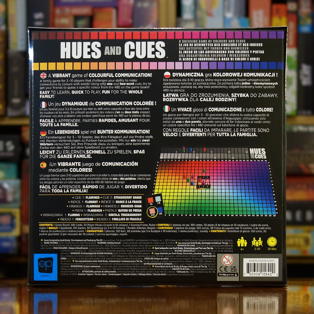 Trasera del juego Hues and Cues disponible en Mana House – Mecánica de dar pistas con palabras, Adivinanza de colores, Experiencias cotidianas como referencia, Diversión para 3 a 10 jugadores, Juego rápido y sencillo.