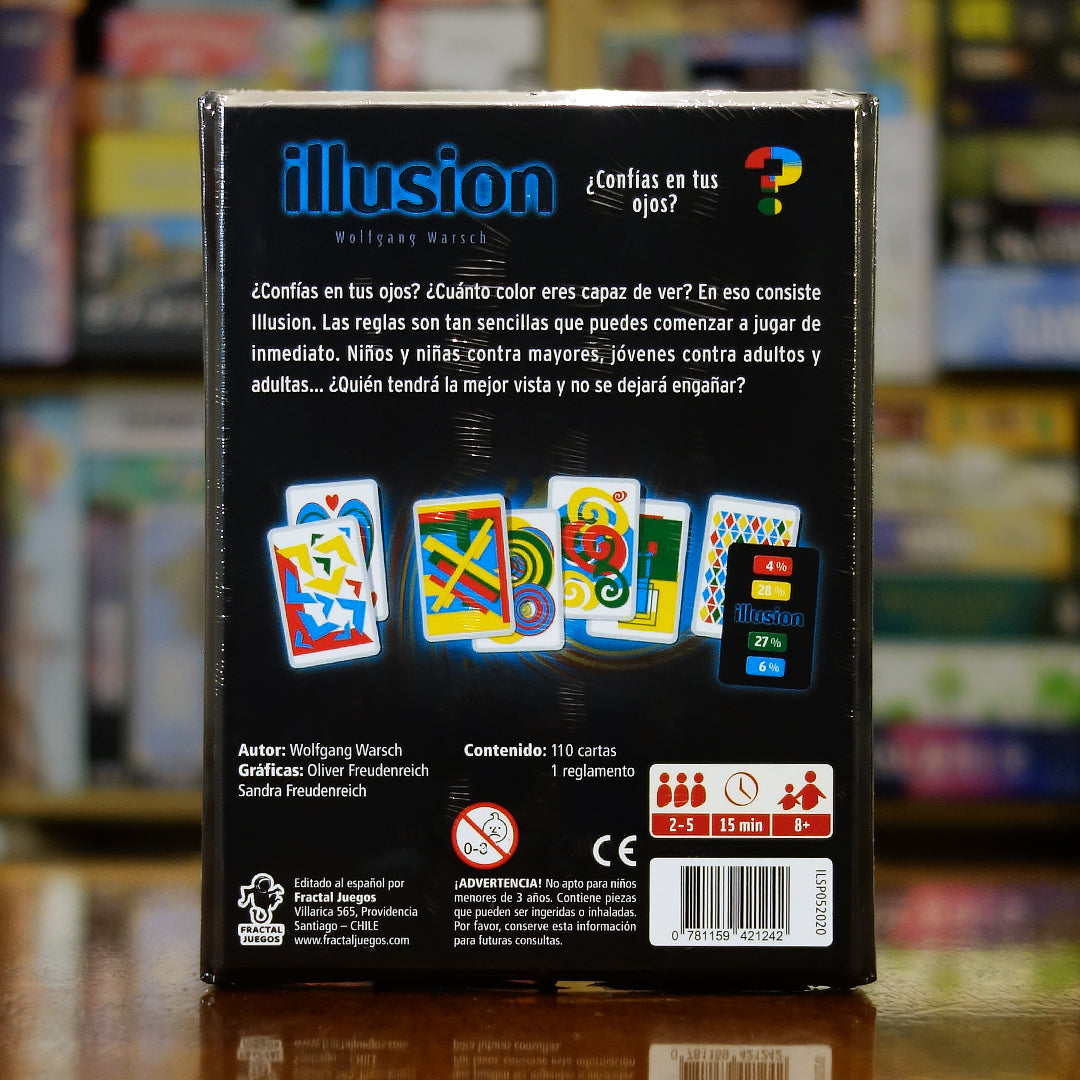 Trasera del juego Illusion disponible en Mana House – Comparación de porcentajes de color, Colocación de cartas en orden, Mecánica de duda y desafío, Juego rápido y accesible, Ideal para grupos y familias.