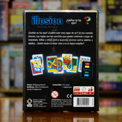 Trasera del juego Illusion disponible en Mana House – Comparación de porcentajes de color, Colocación de cartas en orden, Mecánica de duda y desafío, Juego rápido y accesible, Ideal para grupos y familias.