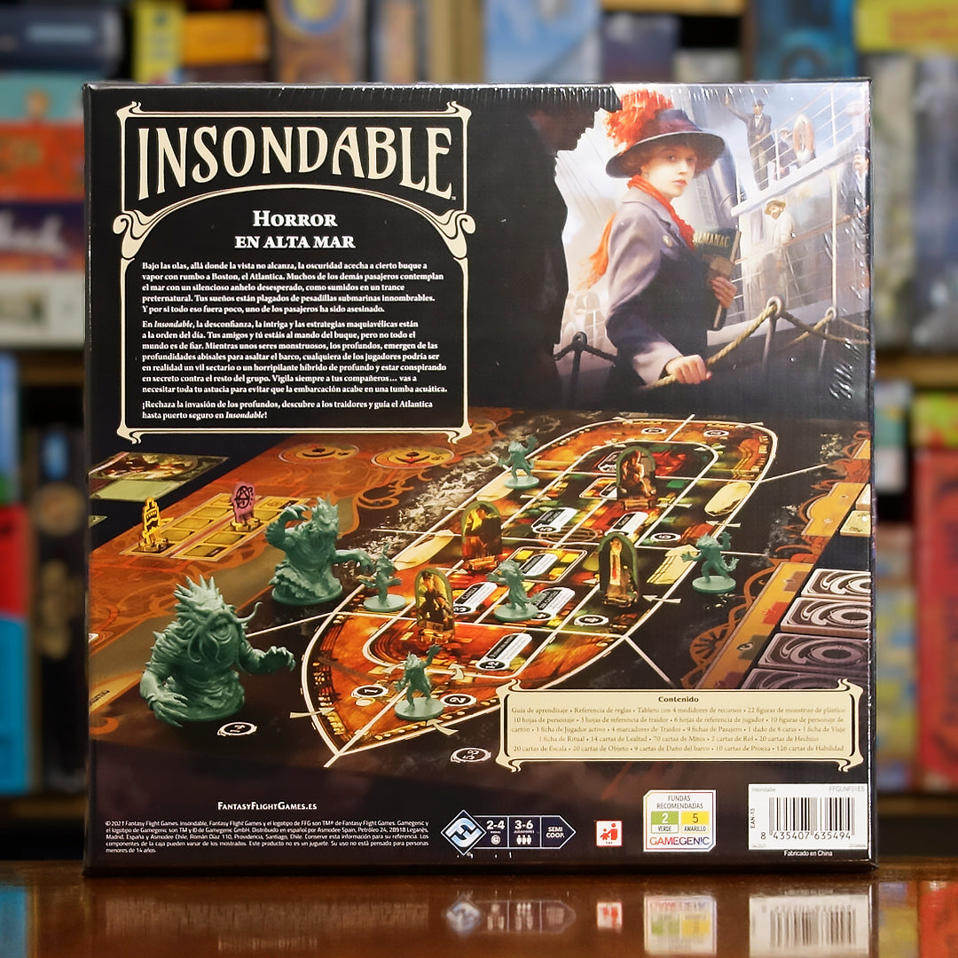 Vista trasera del juego de mesa 'Insondable' con detalles y componentes, en Mana House - Náutico. Bluffing, Deducción, Fantasía, Horror, Náutico.