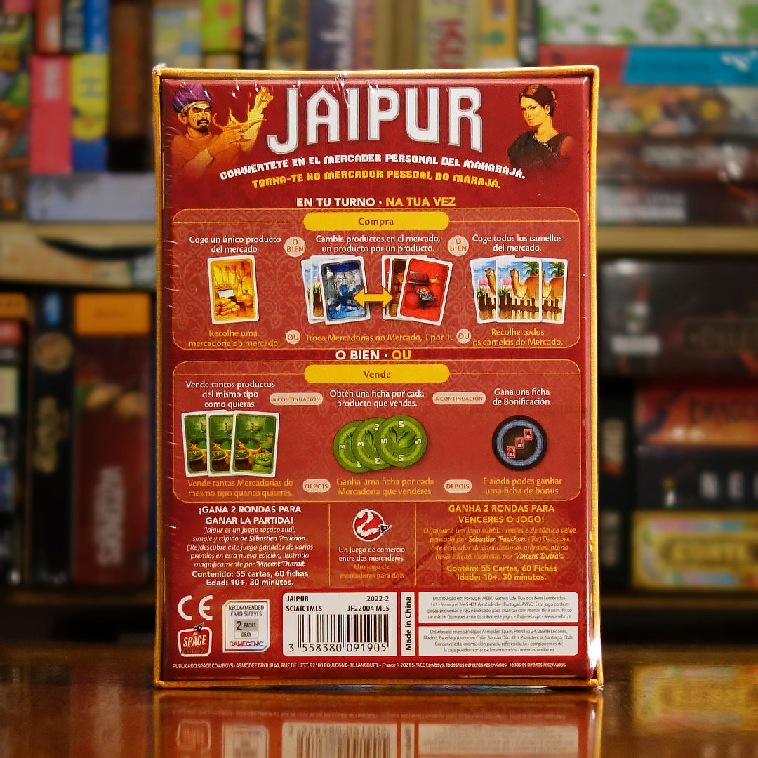 Vista trasera del juego de mesa 'Jaipur' con detalles y componentes, en Mana House - Economía. Cartas, Economía.