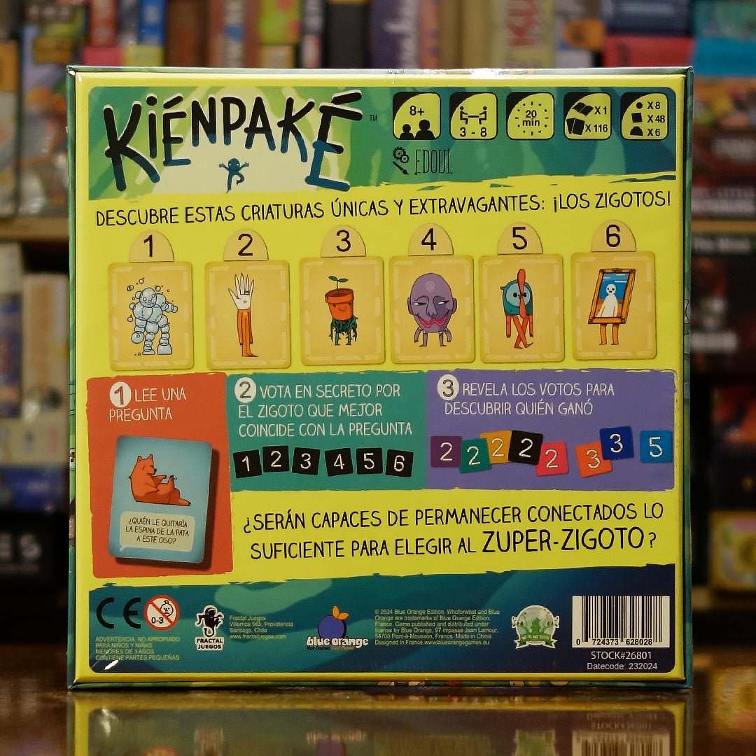 Vista trasera del juego de mesa 'Kiénpaké' con detalles y componentes, en Mana House - Humor. Cartas, Humor.