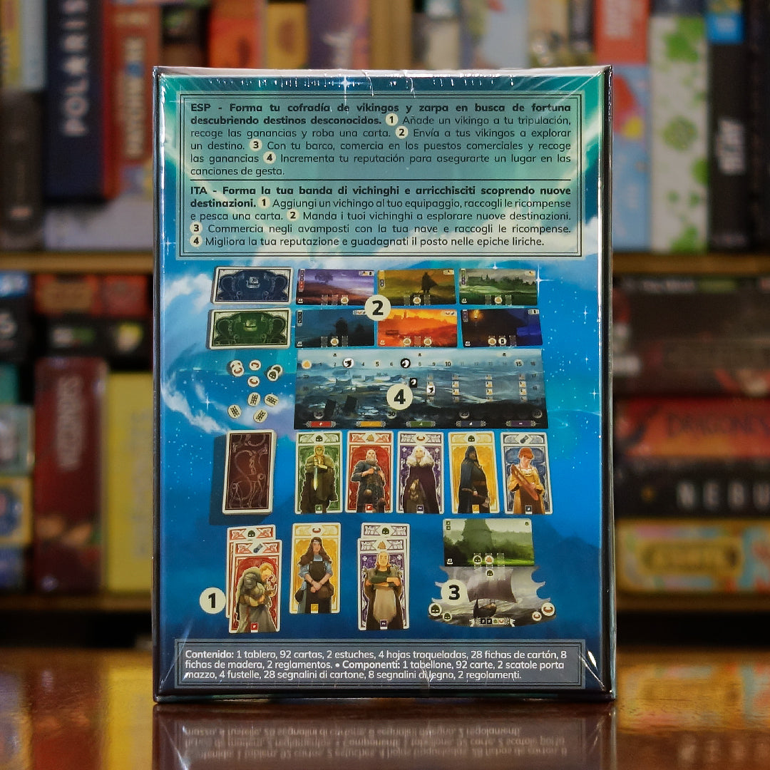 Trasera del juego 'Knarr' disponible en Mana House – Exploración y comercio vikingo, Gestión de cartas, Construcción de tripulación, Recompensas y prestigio, Juego rápido y táctico.