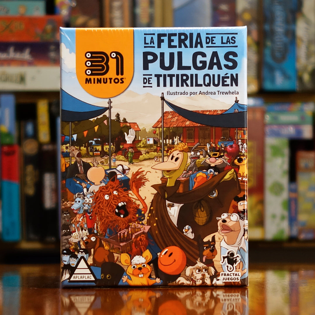 Portada del juego de mesa 'La Feria de las Pulgas de Titirilquén' disponible en Mana House - Humor, Dinámico, Chucherías, Rápido, Fiesta.