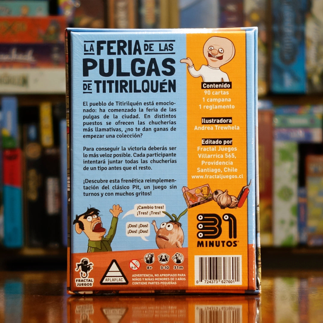 Trasera del juego de mesa 'La Feria de las Pulgas de Titirilquén' disponible en Mana House - Componentes, Reglas, Humor, Competencia, Familia. 
Pit. 31 Minutos