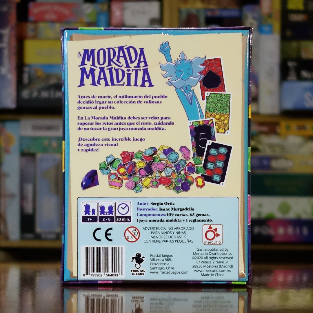 Trasera del juego La Morada Maldita disponible en Mana House – Retos visuales con gemas, Joyas embrujadas, Maldiciones inesperadas, Diversión con amigos y familia, Dinámica trepidante. The Curse of the Maldita Diamond